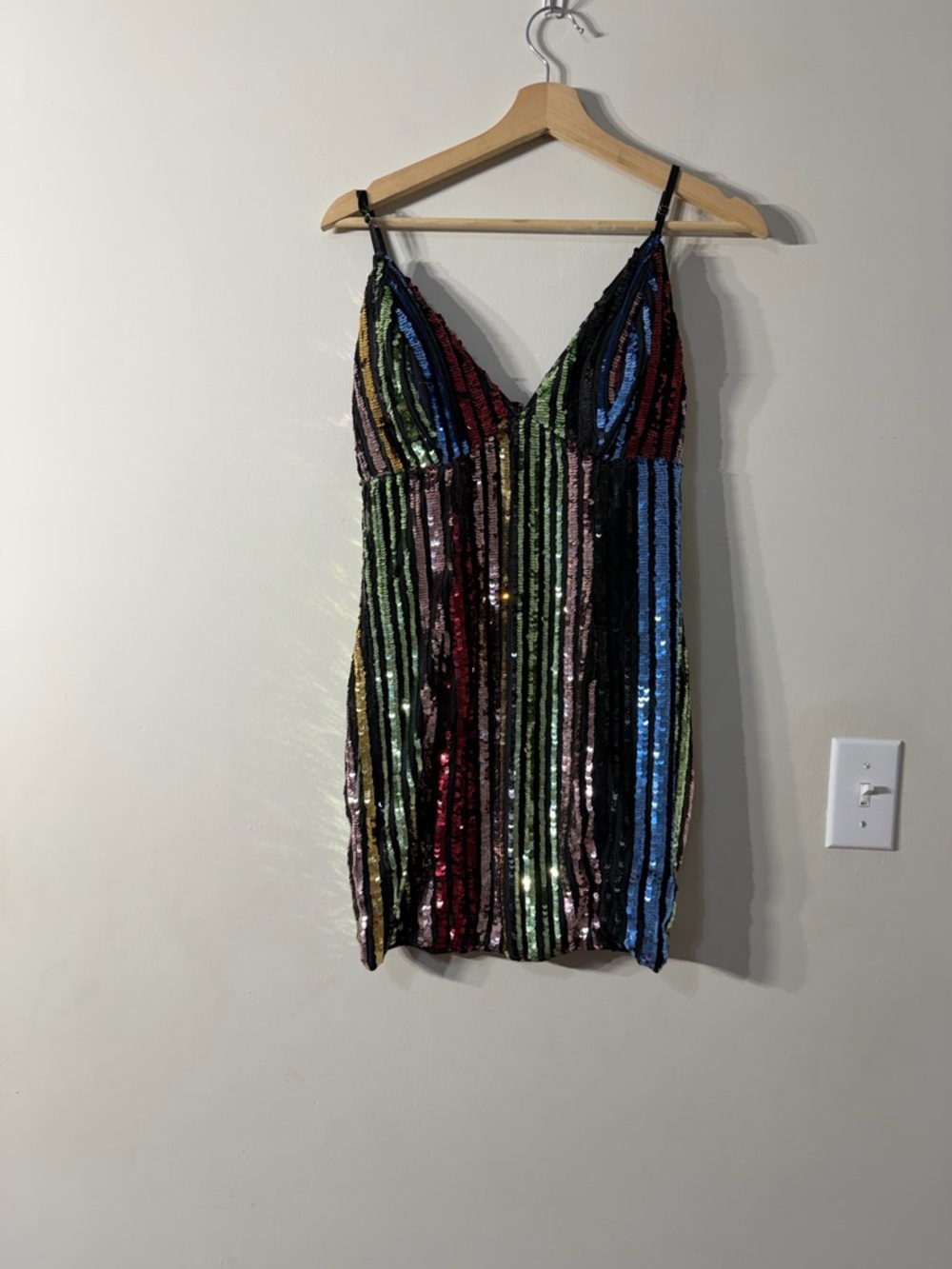 Windsor Rainbow Sequin Stripe V-Neck Party Festival Mini Dress size Medium